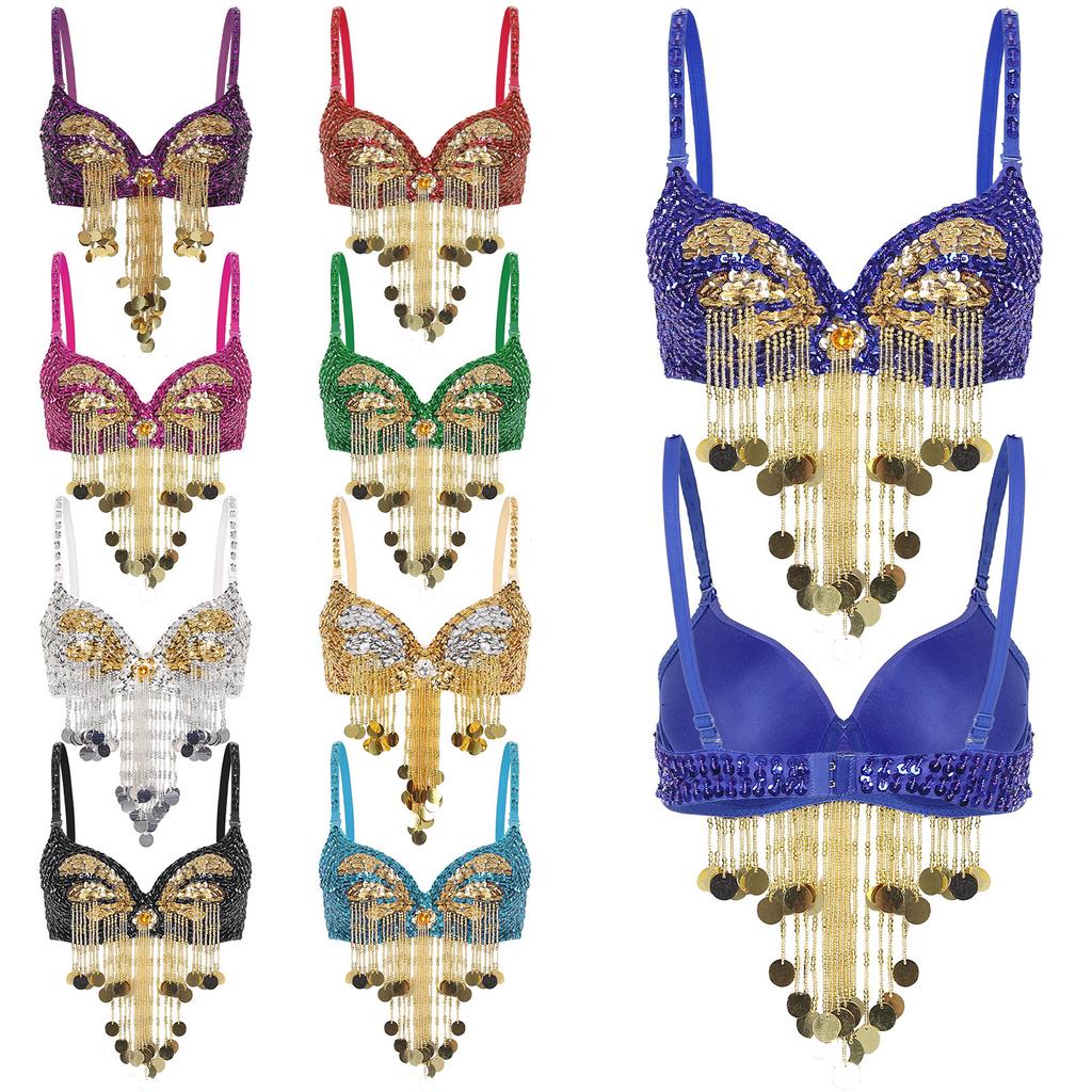 Women Music Festival Club Dancing Costume Shiny Belly Dance Bra Tops Tassel Sequined Costume Carnival Outfit Dancewear