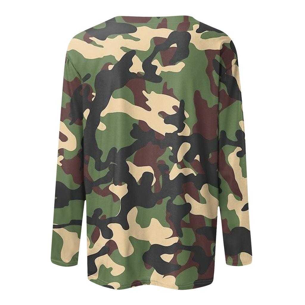Женская модная повседневная футболка с длинным рукавом и круглым вырезом с камуфляжным принтом