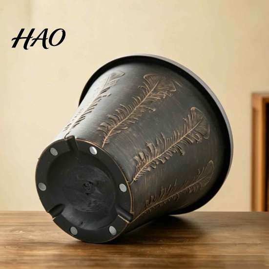 Breathable Planter for Houseplants 8" Retro Flower Pot with Saucer, Thickened Plastic Drainage Hole, Indoor Plant Anti-Aging, Peacock Feather Embossed