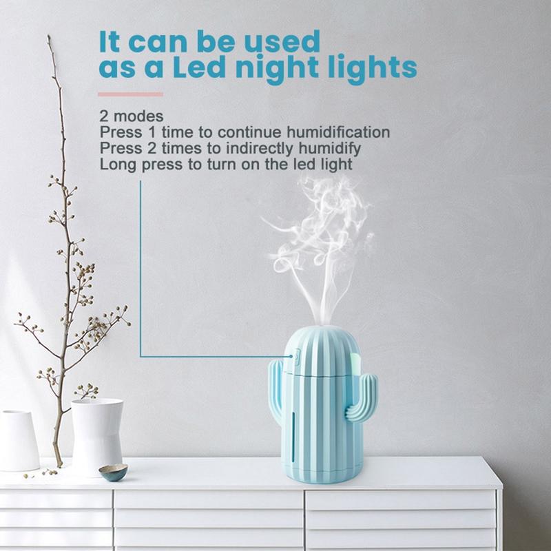 Cactus Air Humidifier 340ml USB Uling Uling Aromatherapy Essential Oil Diffuser Mist Maker Fabricger Mini with LED Light | Humidifiers (Blue)