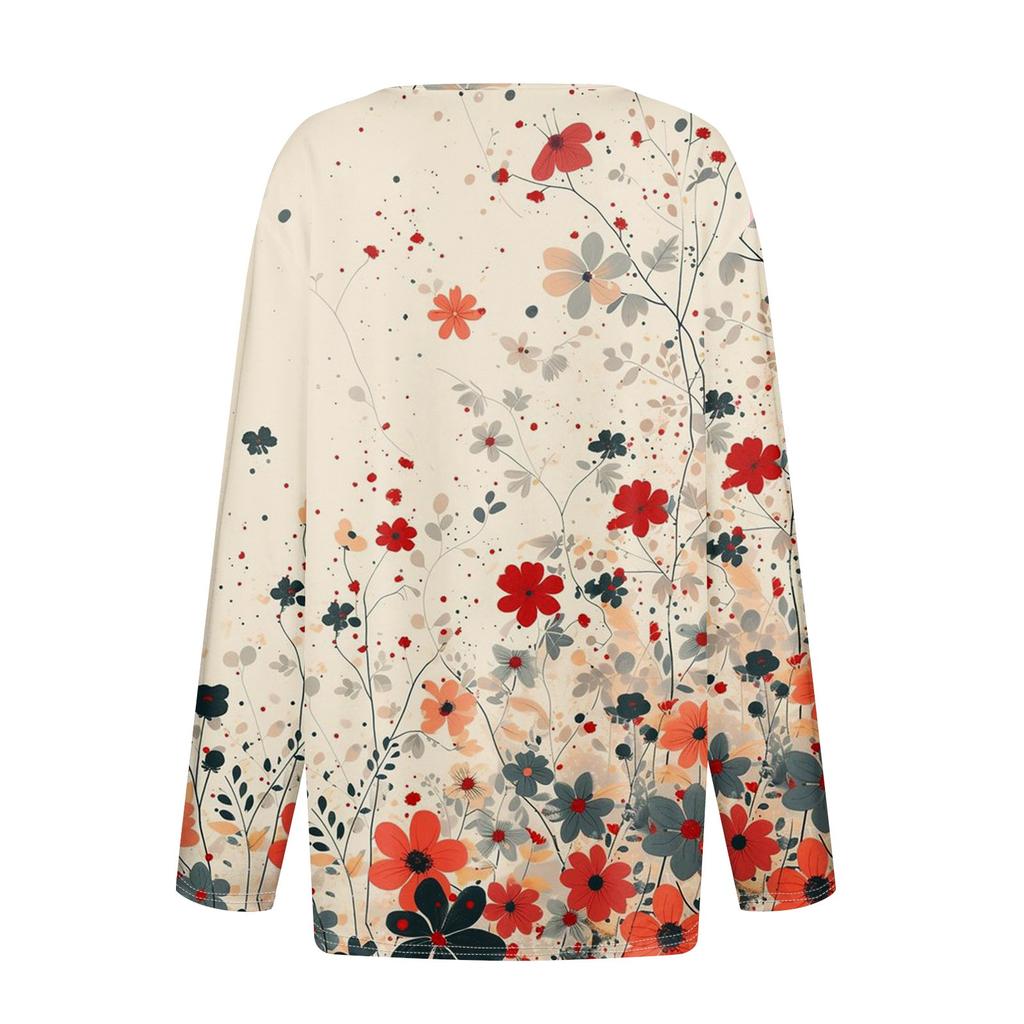 Женская модная повседневная футболка с v-образным вырезом и длинным рукавом с принтом, топ на пуговицах