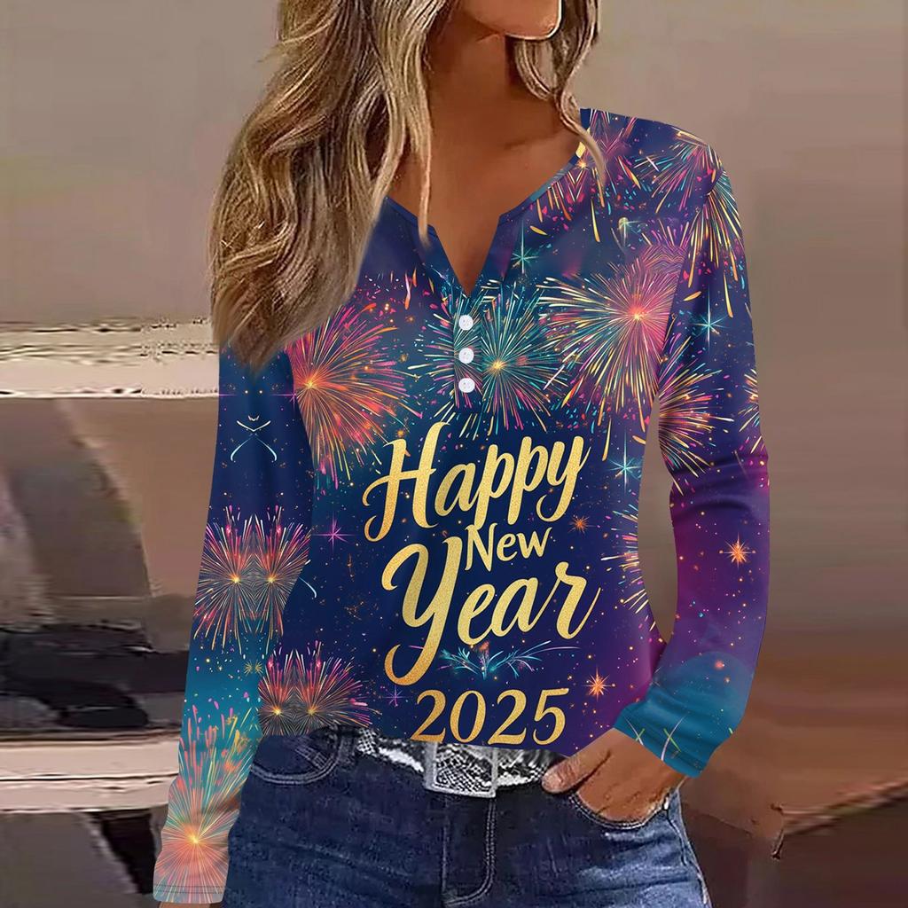 Жен. Футболка Футболка С принтом Пуговицы Длинный рукав Повседневные Выходные Мода Классический V-образный вырез Обычный Верх