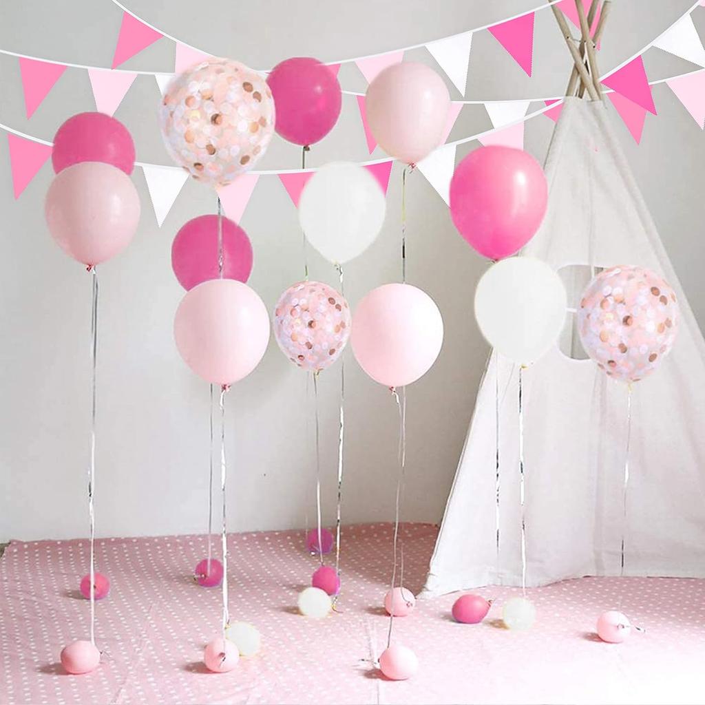 32Ft Rose Hot Pink Pennant Banner Fabric Triangle Flag Cotton Bunting Garland Kit for Wedding Birthday Baby Shower Anniversary Party Home Nursery