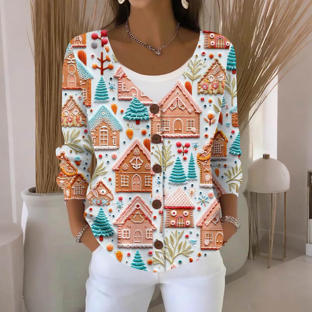 Women's Fashion Casual Knit Sweater Button-Up Christmas Print Cardigan Jacket