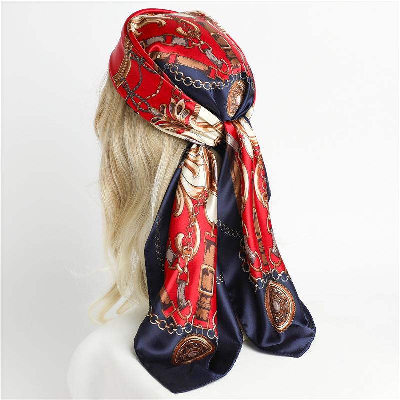 Satin Silk Chain Pattern Scarf: Stylish 90cm Color-Matching Shawl & Sunscreen Headscarf
