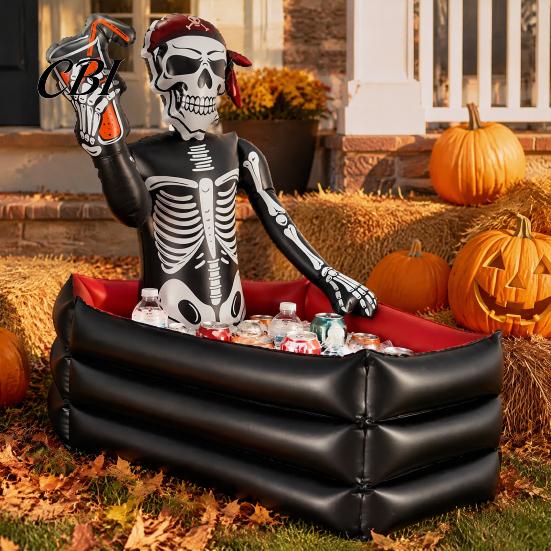 Decorative Cooler for Theme Parties Halloween Inflatable Skull Ice Bucket, Pirate Skeleton Drink Party, Party Decorations Yard Thickened PVC Portable