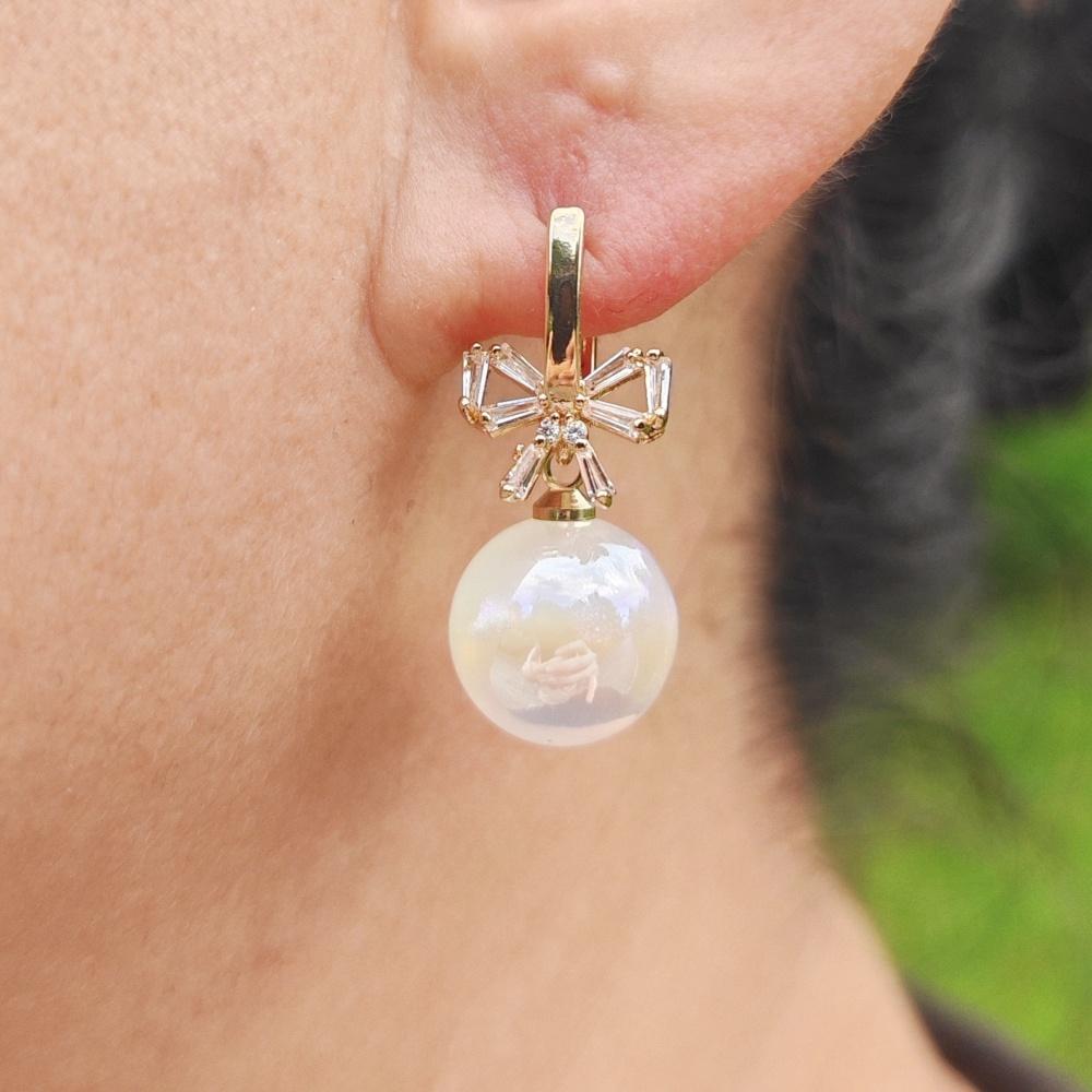 1 пара сверкающих круглых висячих сережек с искусственным жемчугом для женщин с кубическим цирконием, галстук-бабочка, ювелирные изделия, свадебные аксессуары