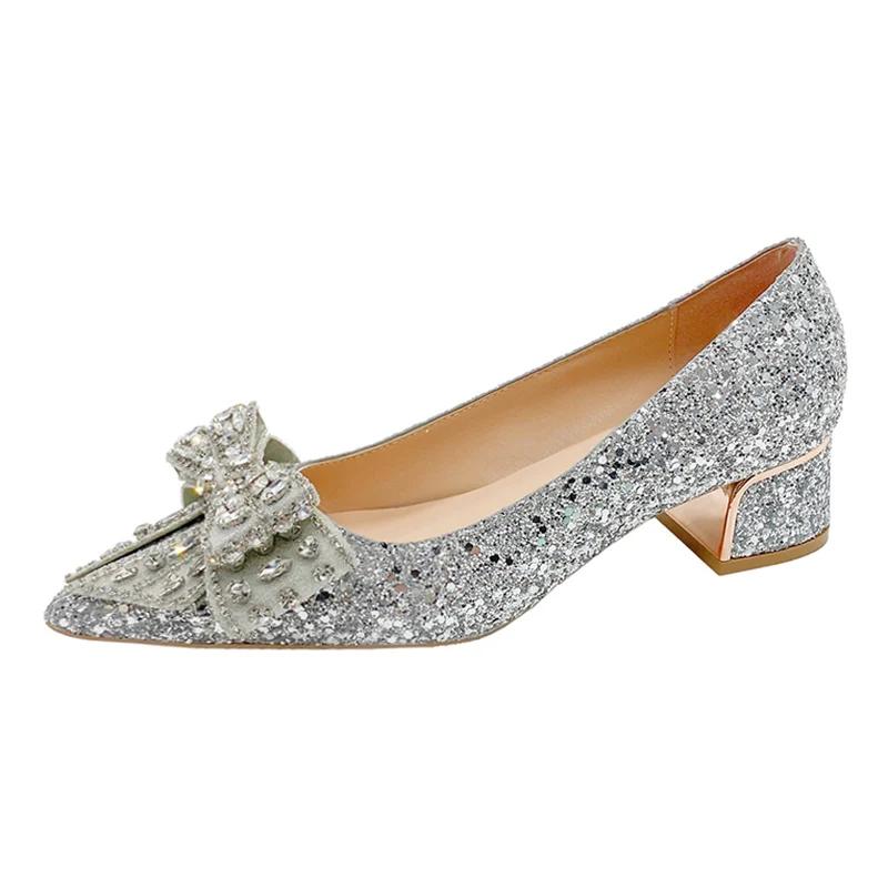 Shiny Crystal Bowknot Pumps Women 2024 New Thick Heels Rhinestone Wedding Party Shoes Woman Gold Silver Sequin Pointed Toe Pumps