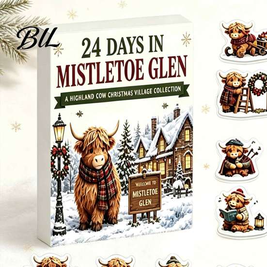 Collectable Holiday Figures 2026 Christmas Highland Cow Advent Calendar, 24 Pcs 2D Flat Acrylic Window Display Farmhouse Animal Ornaments, 24-Day