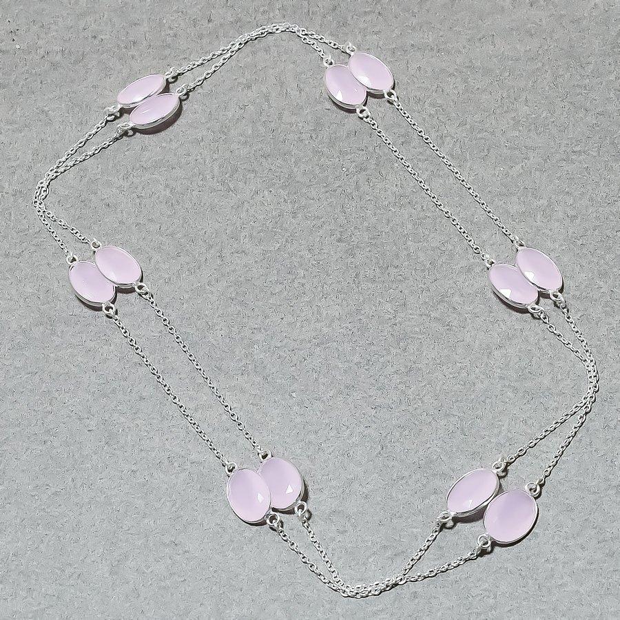 Lab Created Rose Quartz Necklace 36" Chain Silver Tone Oval Cut Gemstone Jewelry