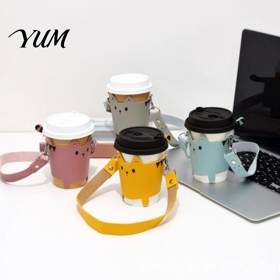 Adjustable Cup Carrier for Commute Cute Cat PU Leather Sleeve with Lanyard, Insulated Reusable Coffee Protective Silicone Alternative Holder, Portable