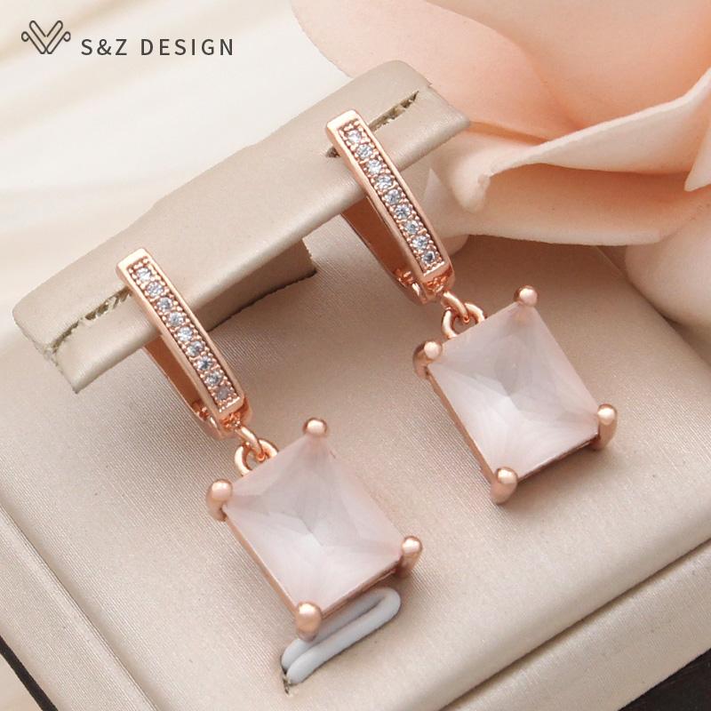 Fashion Cubic Zirconia Rectangle Drop Earrings For Women Elegant Rose Gold Color Jewelry Daily Accessories