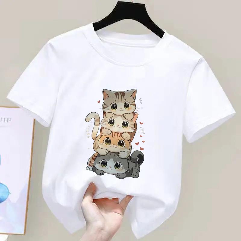 Cute Cartoon Cat Print Kids Round Neck Short Sleeved Tshirt 100cotton Casual Versatile Summer Girl Boy Tshirt