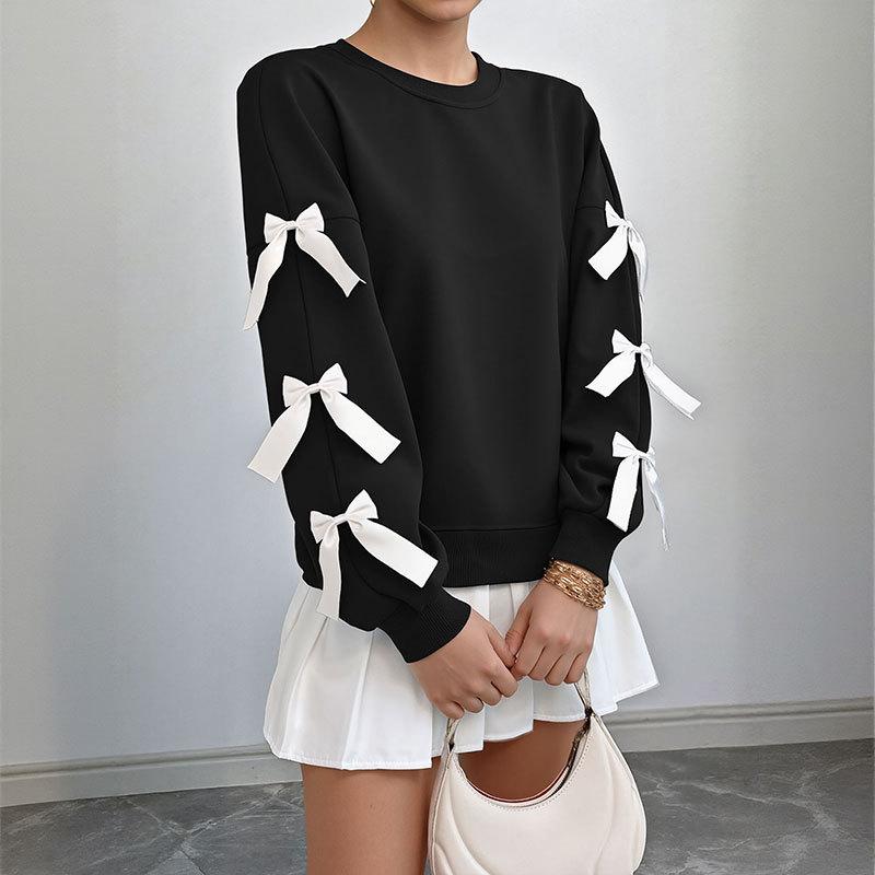 Sweet Autumn and Winter Style Top with Round Neck and Bow Christmas Hoodie for Women