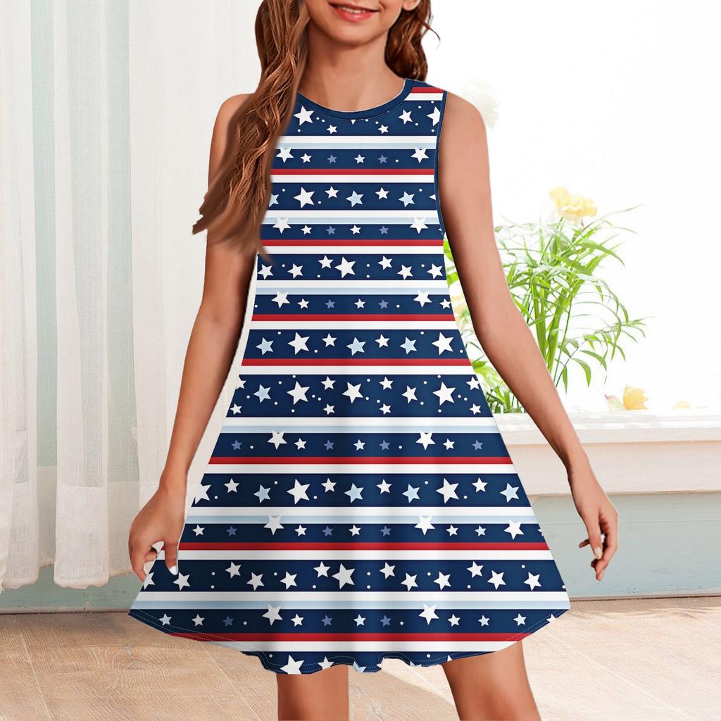 Girl Summer Dress Sleeveless Printed Color Casual Dress