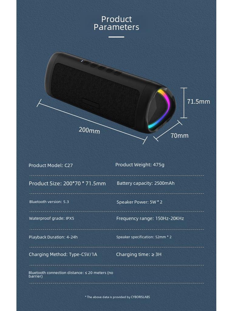 Портативный TWS-динамик Cerberus Bluetooth 5.3 с цветной подсветкой и HD-звонками, водонепроницаемый