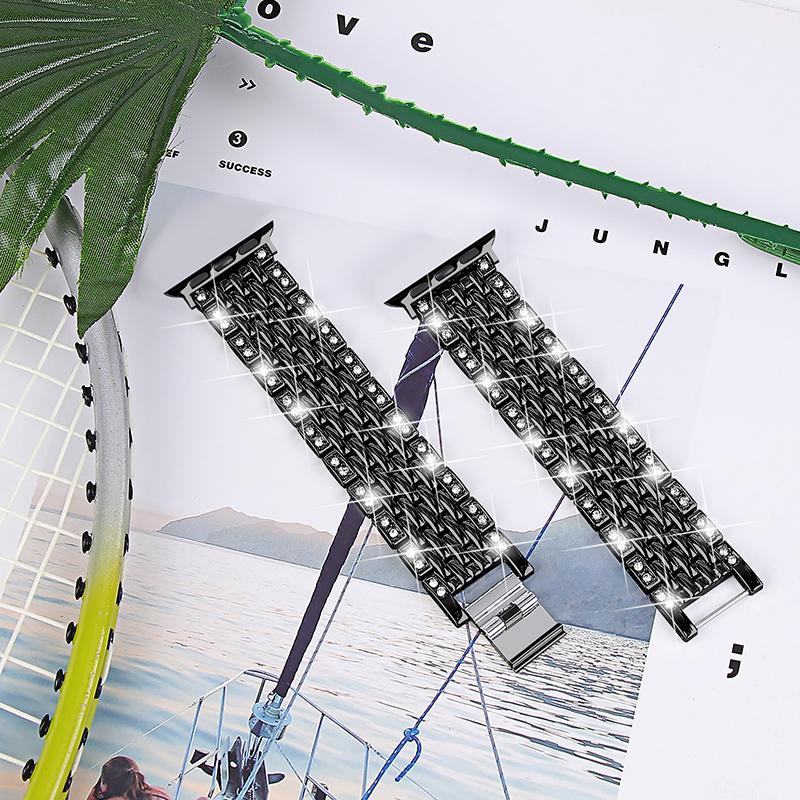 2 Rows Rhinestones Decor Replacement Metal Watchband Wrist Strap for Apple Watch Series 9/8/7 41mm/6/5/4/SE (2023)/SE(2022)/SE 40mm/3/2/1 38mm