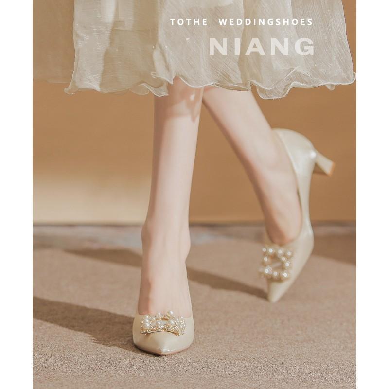 Женское свадебное платье на высоком каблуке, туфли-одиночки с толстым каблуком и квадратной пуговицей, новая свадебная обувь 2024