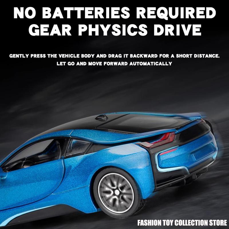 Новый 1: 32 I8 литая модель автомобиля с высокой имитацией, литая игрушка со звуком и светом, инерционные транспортные средства, декоративные игрушки для детей, подарок