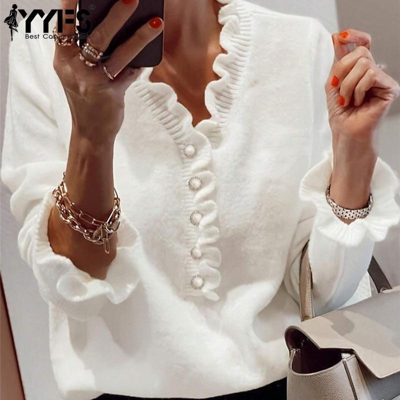 YYFS Women's Fashion Casual Fall Winter Solid Color Print Long Sleeve V-Neck Sweaters