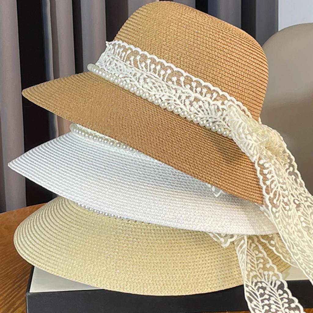 Summer Fashion Lace Bow Beach Travel Sun Hat, 100% Paper Straw Crocheted Flat Top Hat with Buckle Closure, Unisex Sun Protection for Weddings