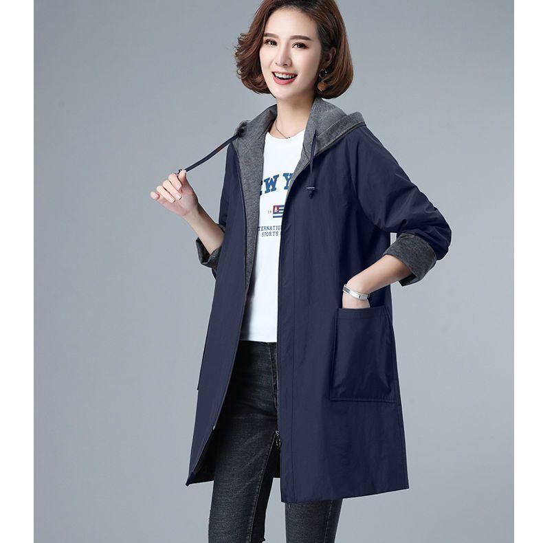 Осенне-зимний двухслойный плащ-ветровка средней длины с капюшоном для женщин, тонкий, простой, повседневный и свободный