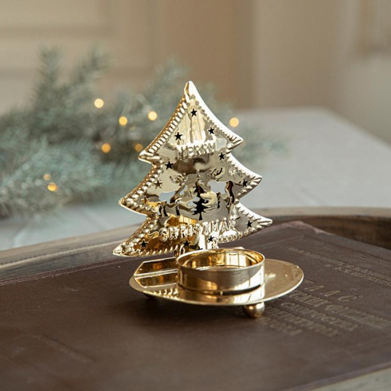 1pcChristmas Tree Candle Holder Gold Iron Snowflake Elk Candle Stand Ornament Christmas Decoration Vintage Tray Decorative Suppl
