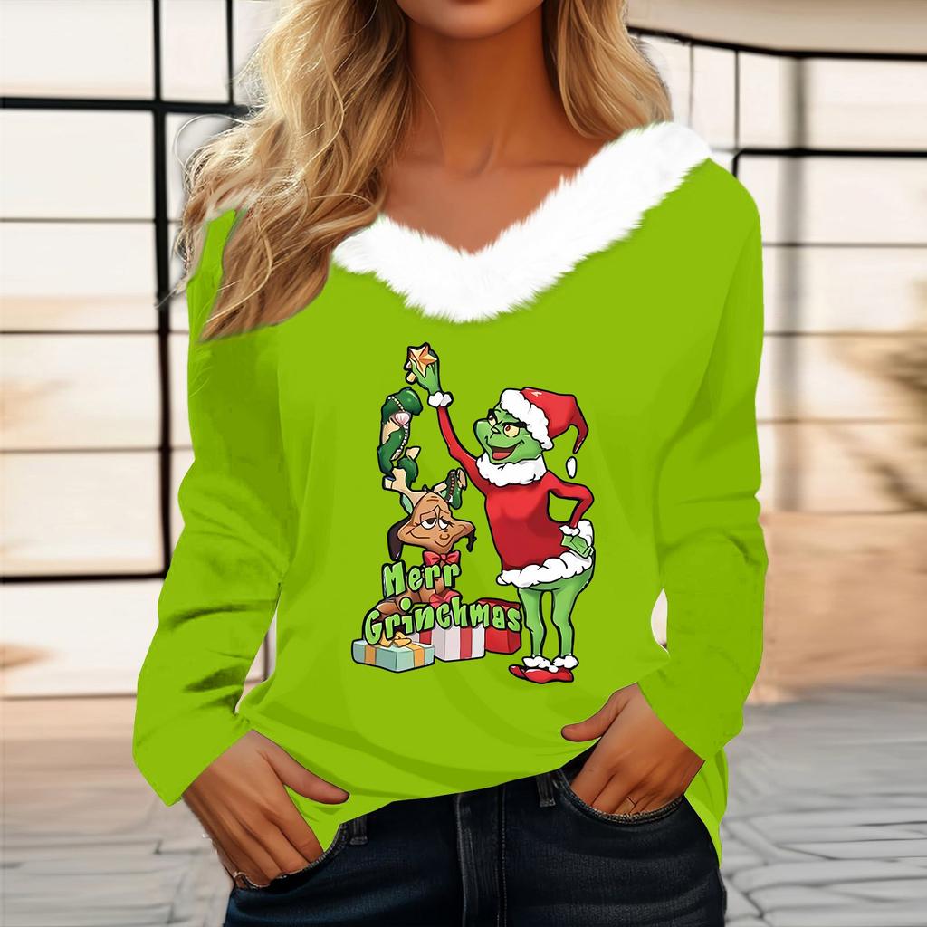Women's T Shirt Tee Christmas Shirt Long Sleeve Party Christmas Fleece Collar V Neck Top