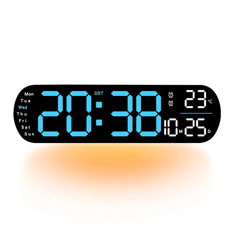 Large Digital LED Wall Clock with Atmosphere Light Wall-mounted Adjustable Brightness Remote Control Electronic Alarm Clock
