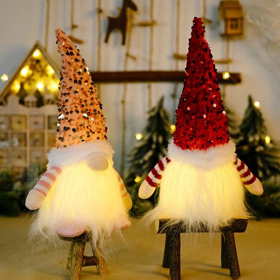 Light-Up Christmas Gnome Decoration Handmade Sequin Hat Faceless Dwarf Doll with Light Glowing Plush