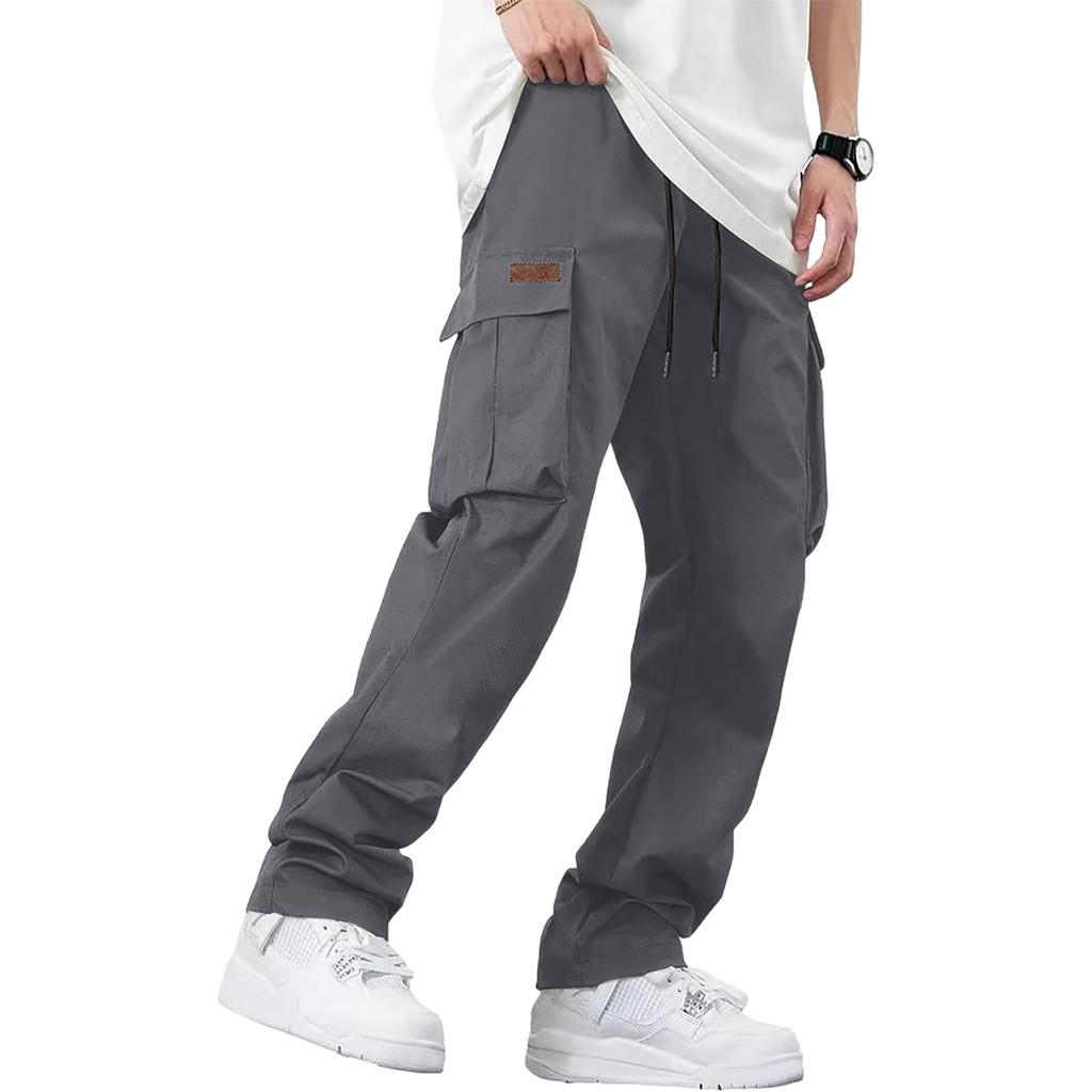 Men's Loose Casual Multi-pocket Work Pants, Youth Stretch Waist Drawstring Pants