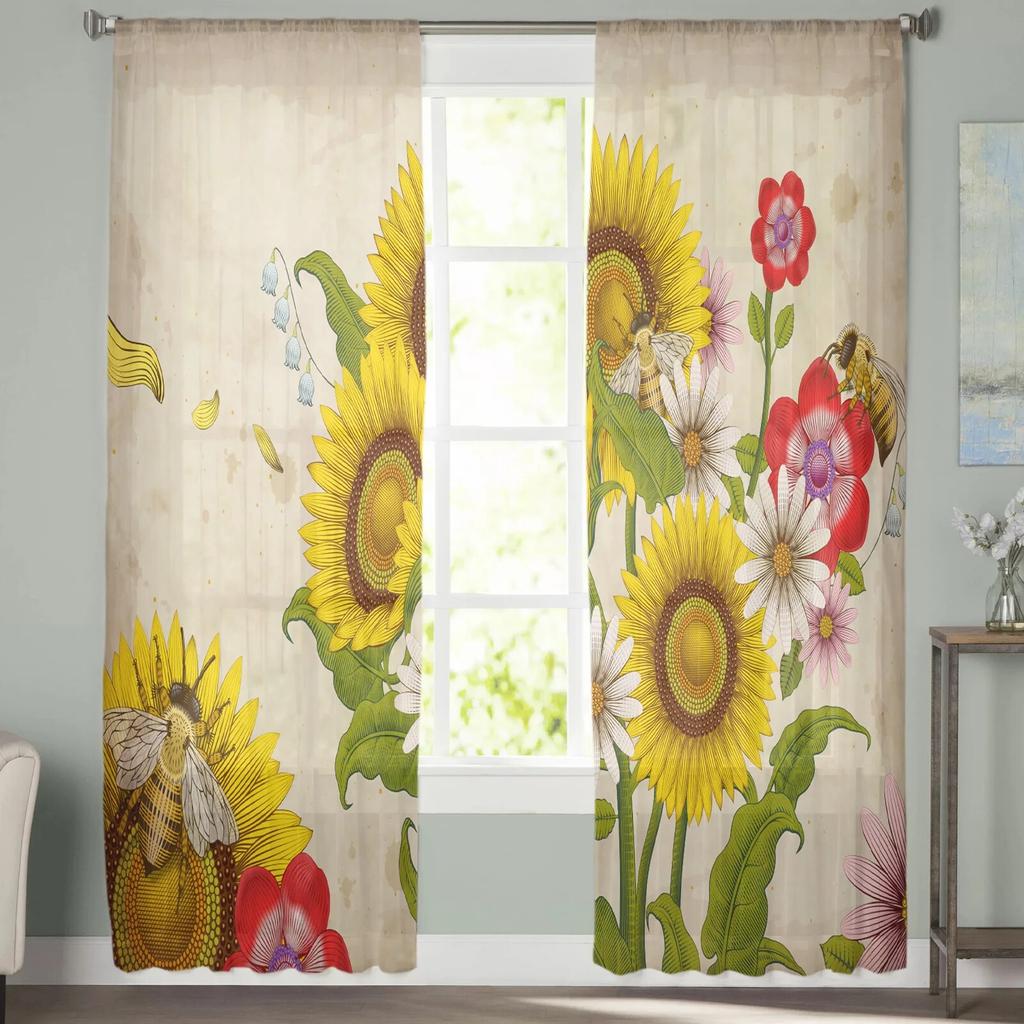Винтажные роскошные тюлевые шторы с изображением пчелы и подсолнуха, современная гостиная, кухня, шифоновая занавеска для спальни, прозрачная занавеска с балдахином
