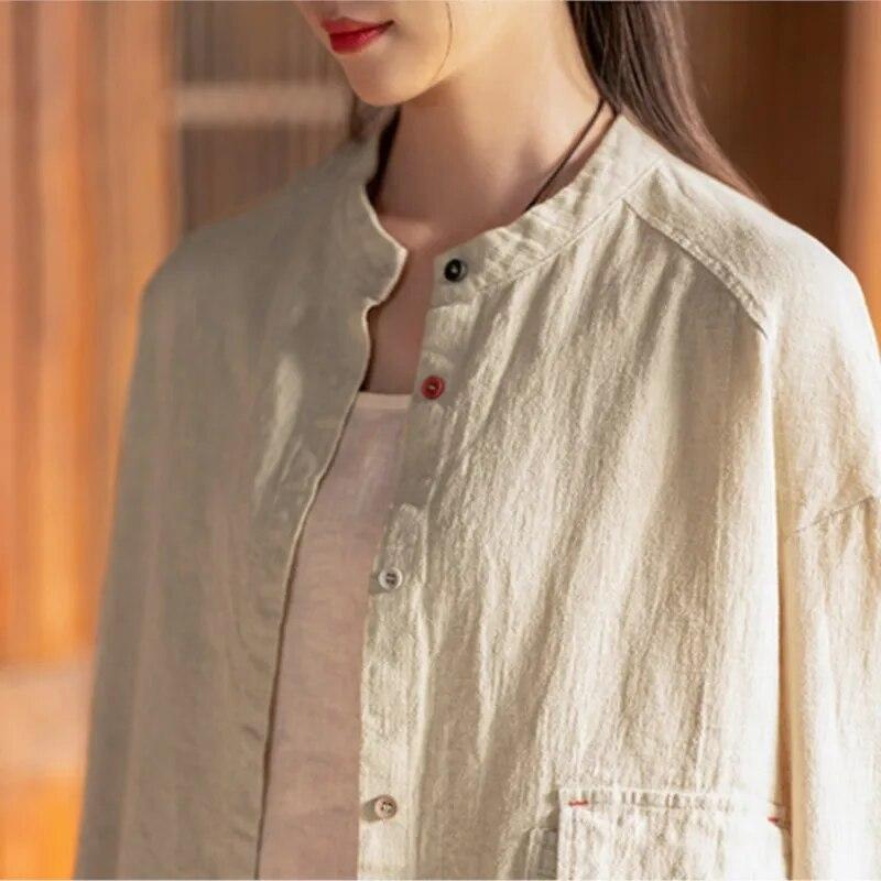 Johnature Женские винтажные рубашки, топы с длинным рукавом, весенние блузки на пуговицах, лоскутные карманы, однотонные рубашки