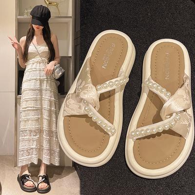Тапочки с жемчугом на платформе, женские, повседневные, сказочный ветер, сандалии с мягкой подошвой, интернет-знаменитости, летние, новые, пляжные, плоские, классные тапочки