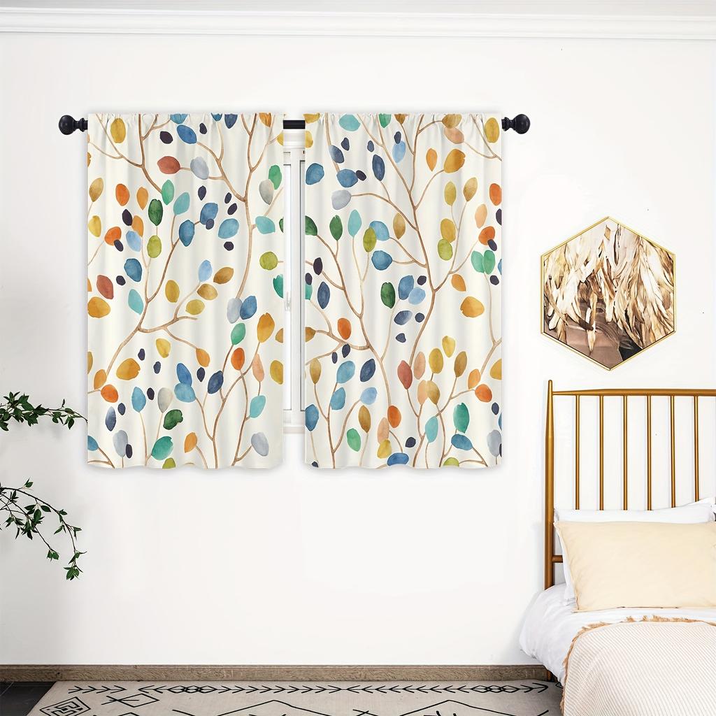 2 шт. Кухонные шторы с акварельным ботаническим рисунком - Разноцветные листьяДизайн для гостиной, спальни и кухонного домашнего декора