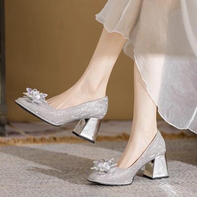 Слипоны Блестящие Модные Туфли на Высоком Каблуке Однотонные Женские 2024 Высокое Качество ПУ Осень Квадратный Каблук Высокий Каблук Мелкие Квадратный Носок Лодочки