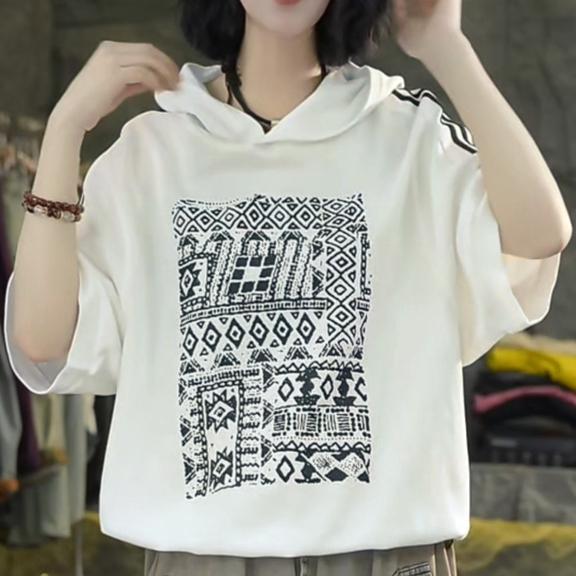 Dimanaf 2025 Летняя полосатая толстовка с капюшоном, хлопковая футболка для женщин, с принтом в виде букв и полос, короткий рукав, свободный, белый, черный