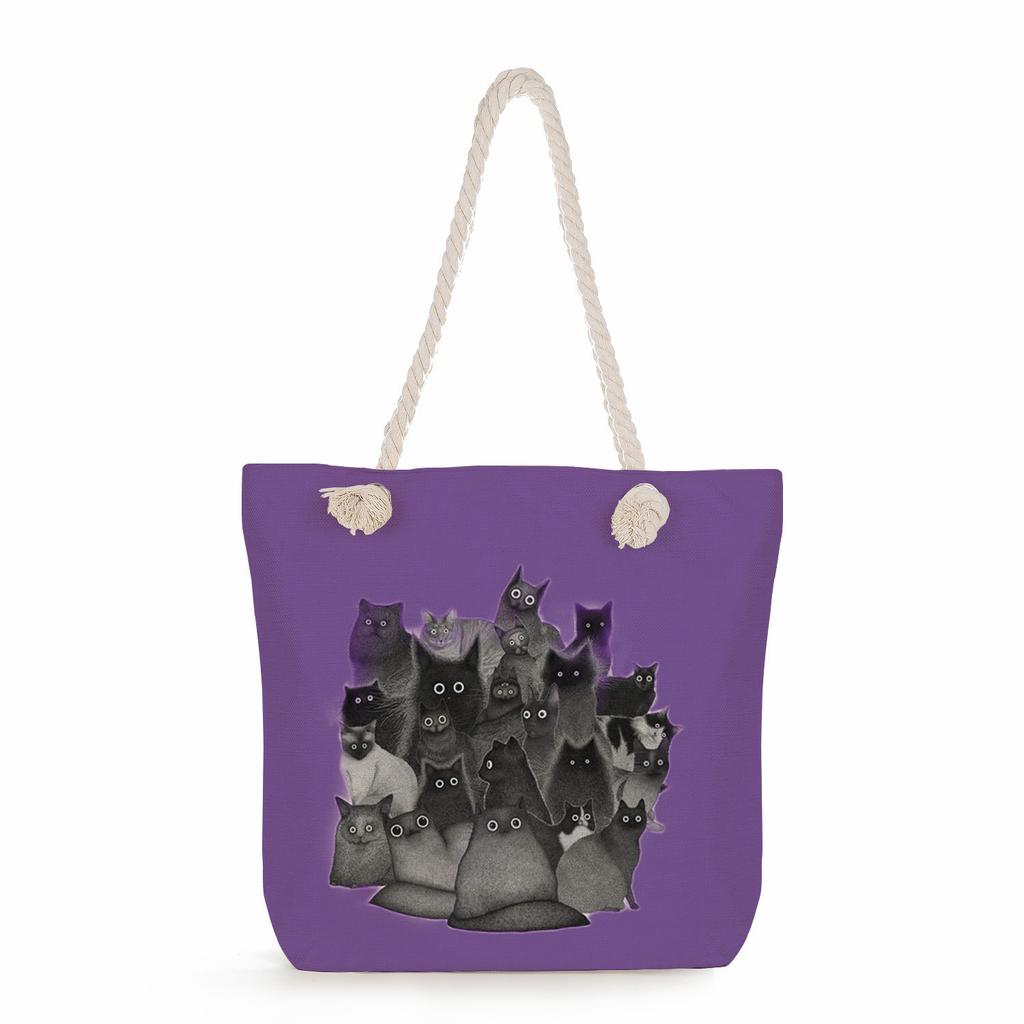 Cartoon cat print thick rope single-shoulder beach bag 7252