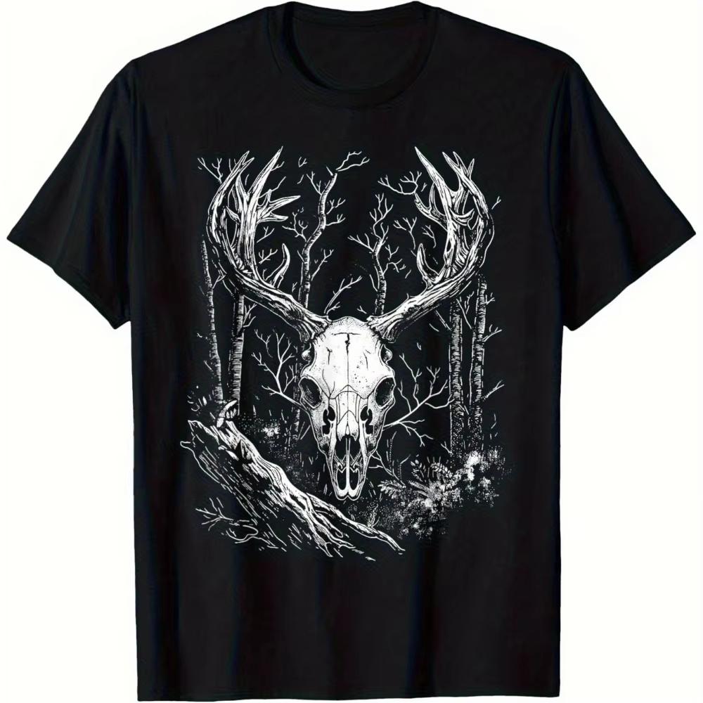 Unisexs Gothic Nature Graphic TShirt 100 Cotton Short Sleeve Crew Neck Tee with Deer Skull Branch Design Machine Washable Summer