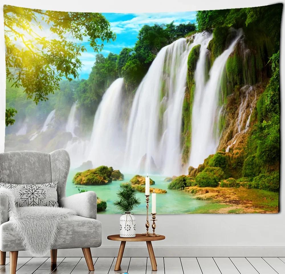 Mountain Waterfall Tapestry Forest Natural Scenery Wall Hanging for Living Room Party Beach Picnic Blanket Tablecloth Wall Decor