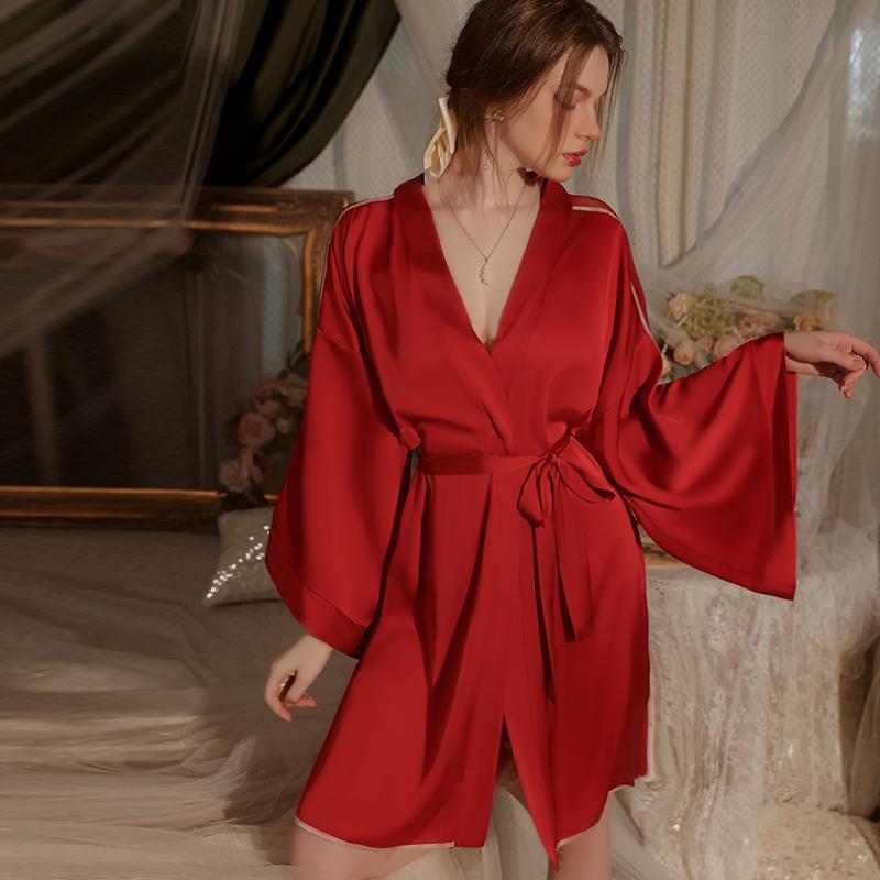 Халат для женщин осенний атласный сексуальный с V-образным вырезом и высоким разрезом на шнуровке сексуальная пижама женский халат повседневная женская домашняя одежда