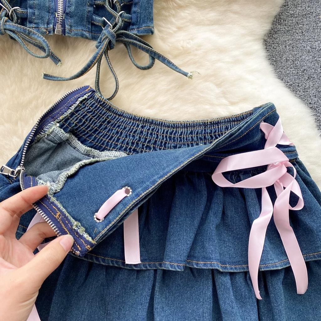 Джинсовые комплекты для девочек, милые комплекты из двух предметов, женские топы на молнии без бретелек Y2K, эластичные мини-кюлоты, женская мода, уличная одежда на шнуровке, костюмы 2024