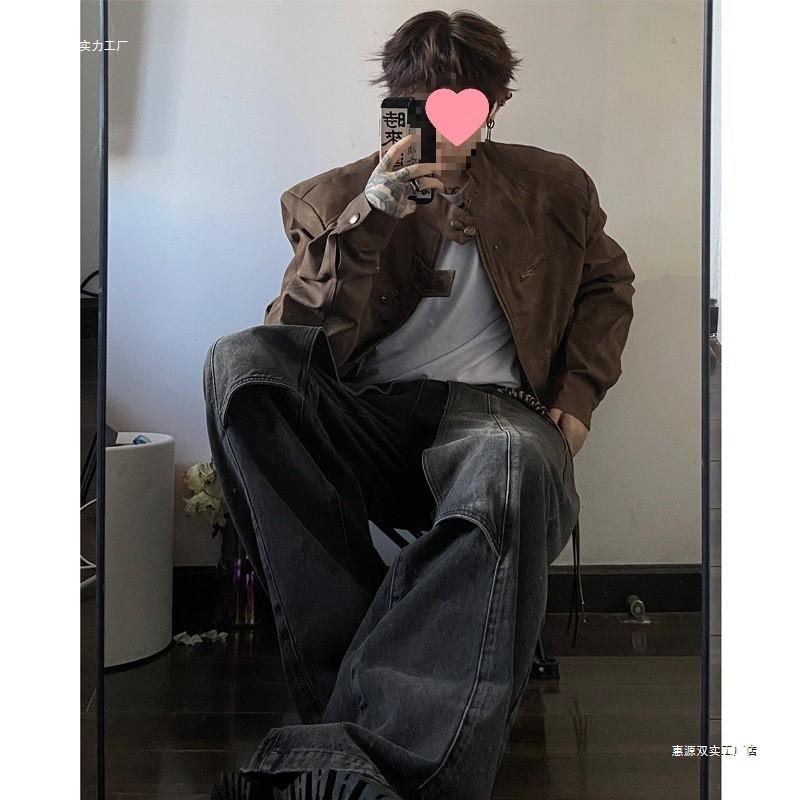 Mens Vintage Brown PU Leather Biker Jacket Short Cut Stand Collar Padded Shoulder Casual Outerwear