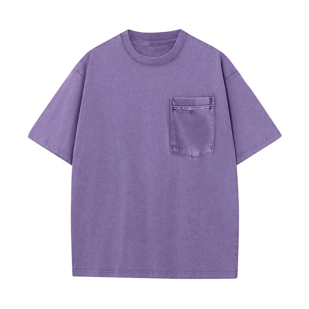 Men's Summer Solid Color Round Neck Loose Pocket Short Sleeve Top