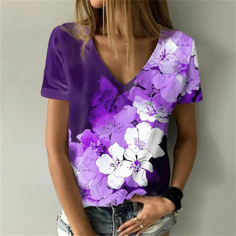 Versatile Sexy V-neck Women's T Shirt Flower 3D Print Summer Short Sleeve Fashion Street Harajuku Comfortable Ladies Tee Casual
