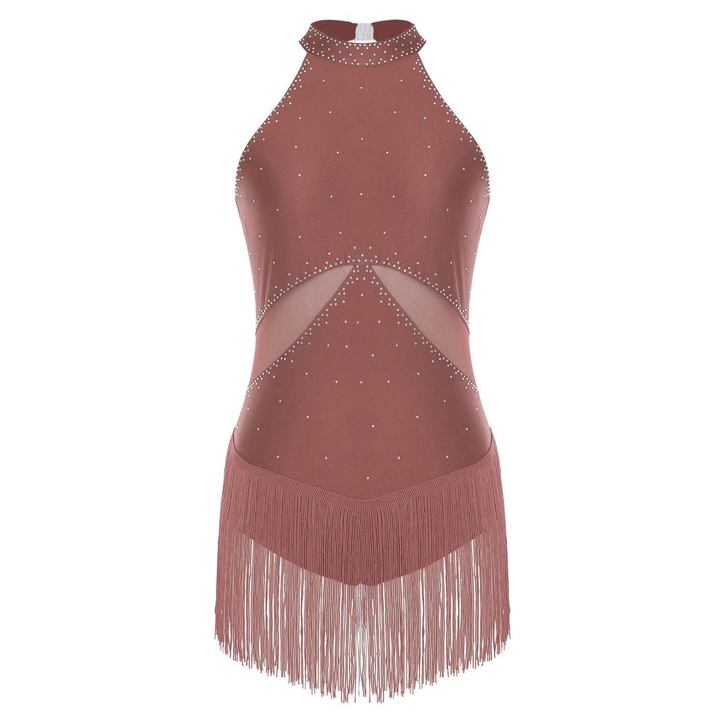 Женский латиноамериканский купальник с блестящими стразами, бахромой, сетчатыми вставками, с вырезом на спине, боди для выступлений
