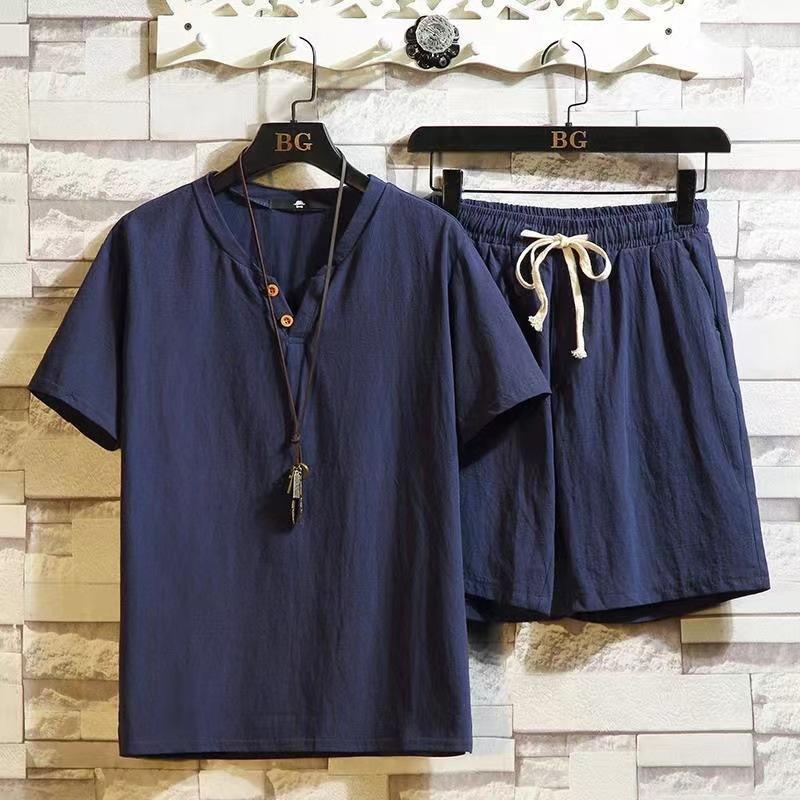 Мужской костюм из тонкого хлопкового льна с короткими рукавами, однотонный, модный, из льна, для отдыха, спорта, из двух частей, летний
