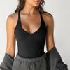 Женский летний топ с глубоким вырезом и V-образным вырезом без рукавов, эластичный трикотаж, мягкий впитывающий пот, однотонный, облегающий, спортивный топ на бретелях для упражнений
