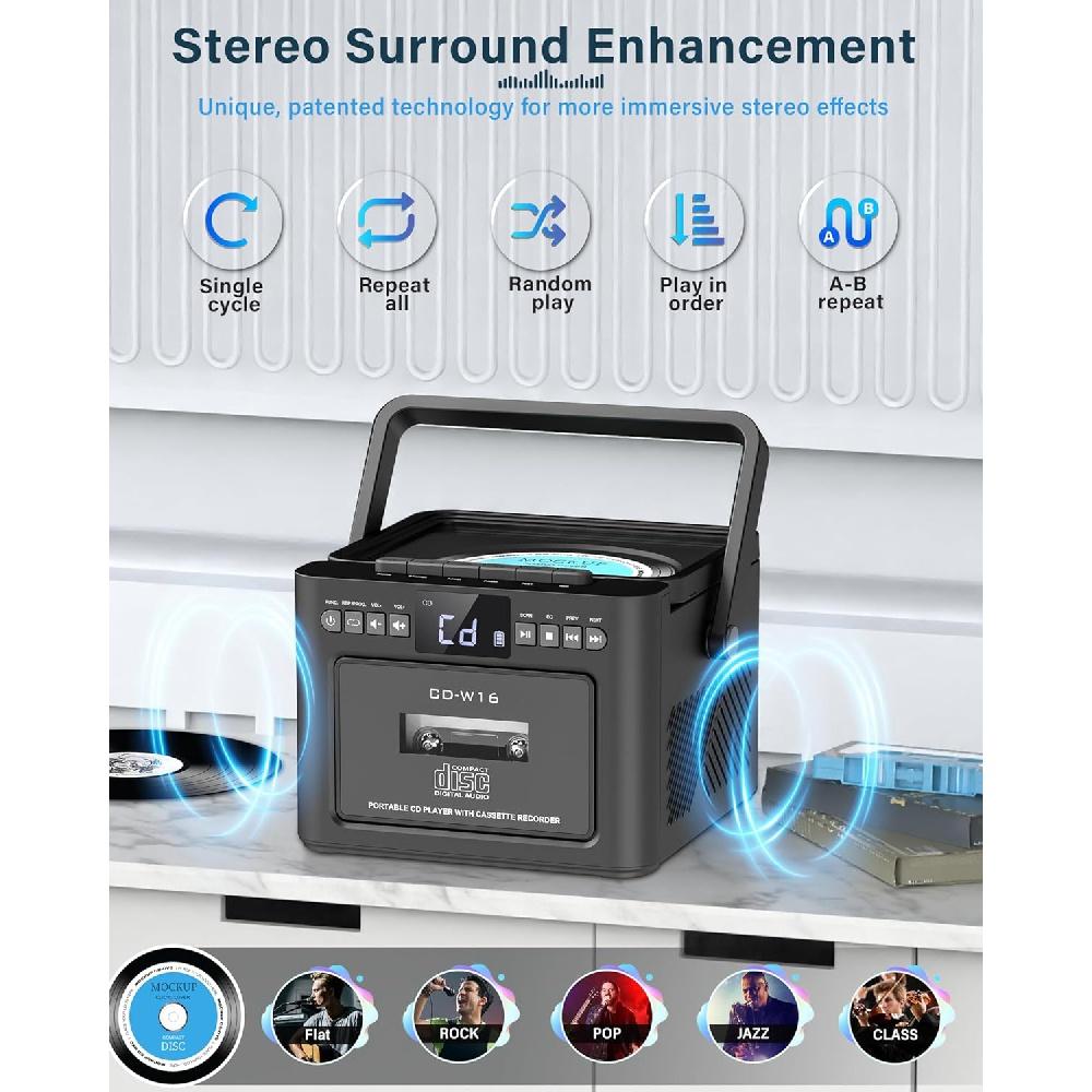 Boombox CD Player Portable with Cassette Player, Portable Radio with Bluetooth, Boom Box with Stereo Sound, Powered by 5000mAh Rechargeable Battery