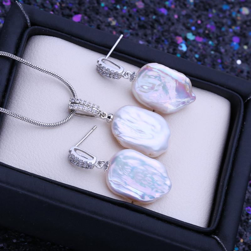 LSOOYH Natural Freshwater Big Baroque Pearl Necklace Geometric Pendant Fashion Drop Earrings For Women Pearl Jewelry Sets